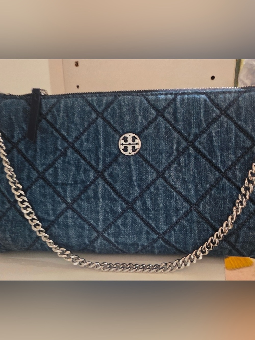 Tory Burch Quilted Denim Shoulder Bag - Blue with Silver Chain